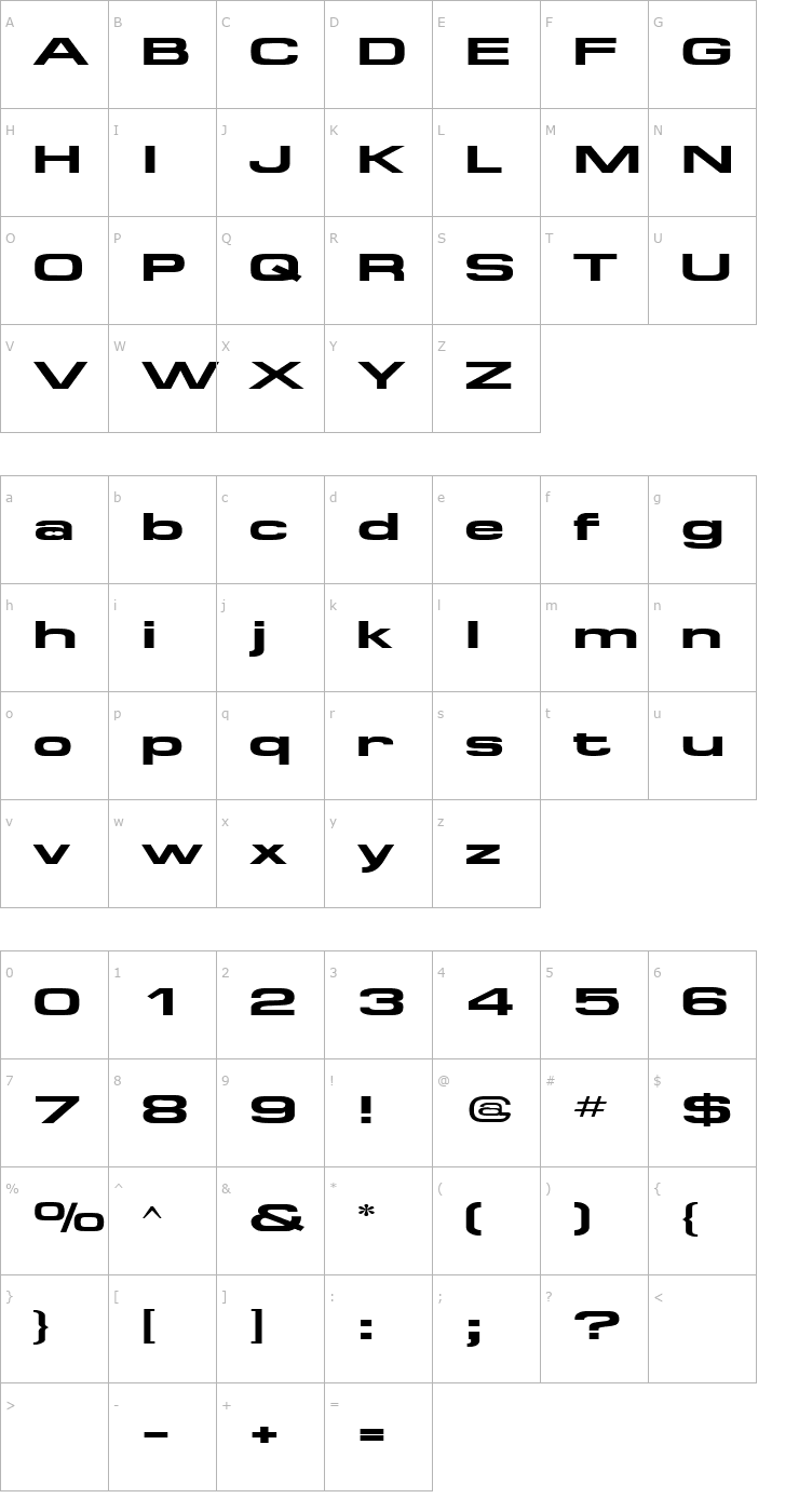 Character Map SpaceOutBoldExtended Font