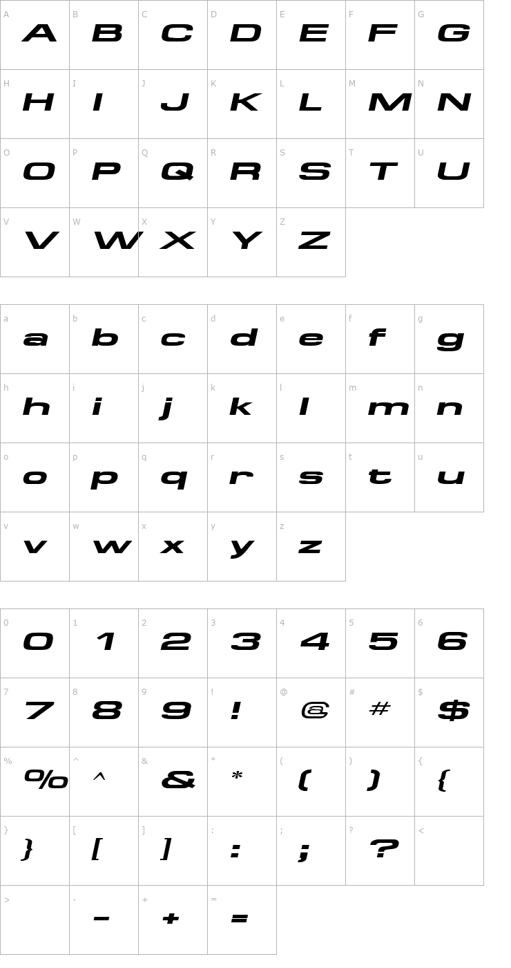 Character Map SpaceOutBoldExtended Italic Font