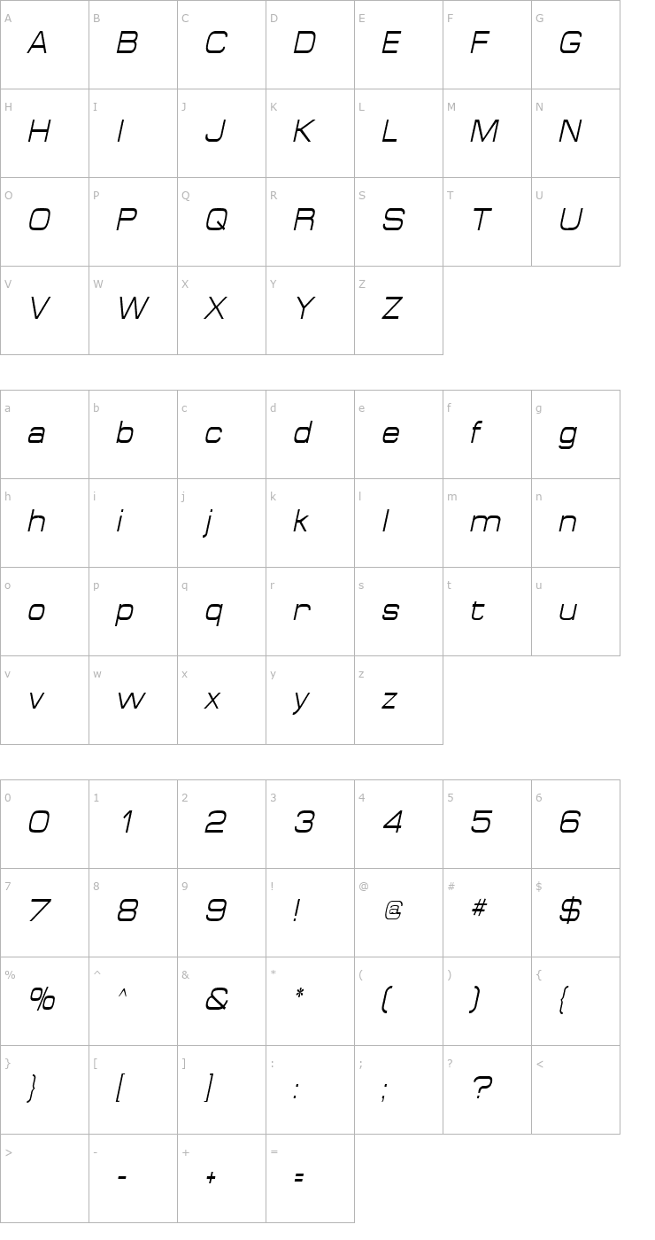 Character Map SpaceOutCondensed Italic Font