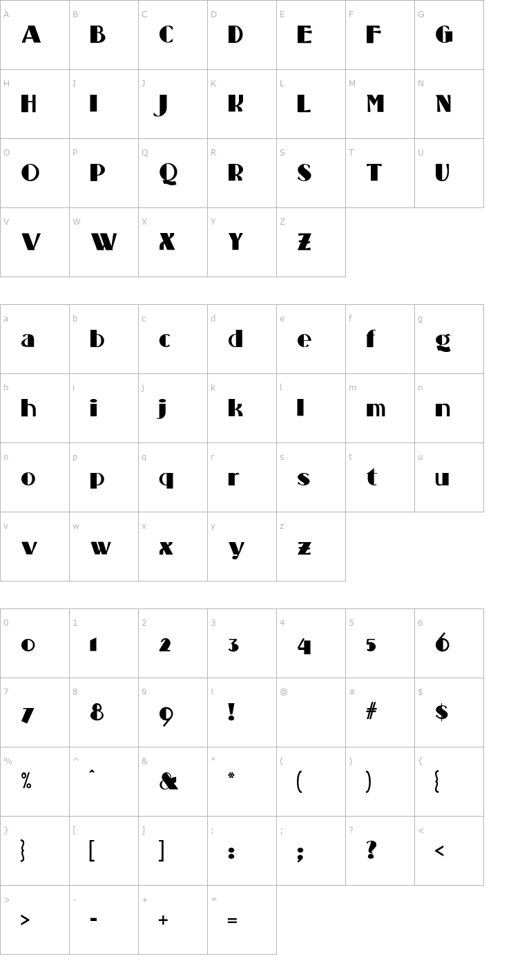 Character Map StandingRoomOnly Font