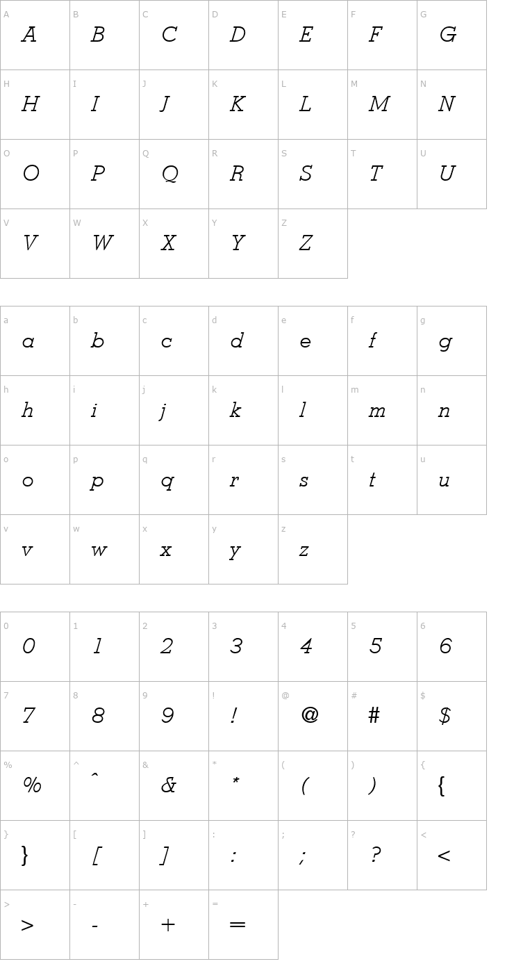 Character Map StymieLight-RegularItalic Font