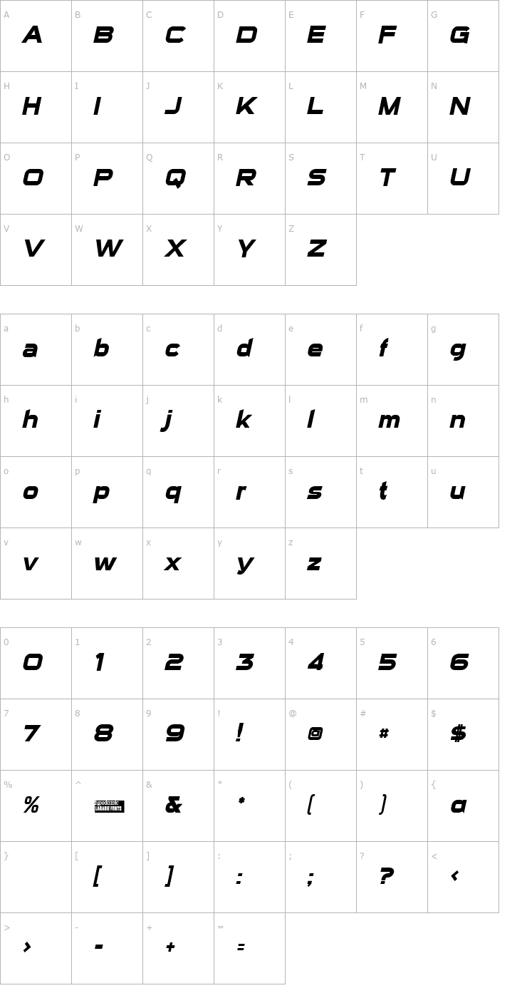 Character Map Sui Generis Bold Italic Font