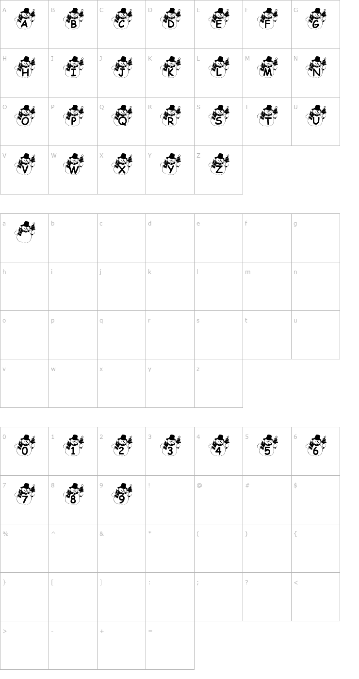 Character Map Summer's Snowman Font