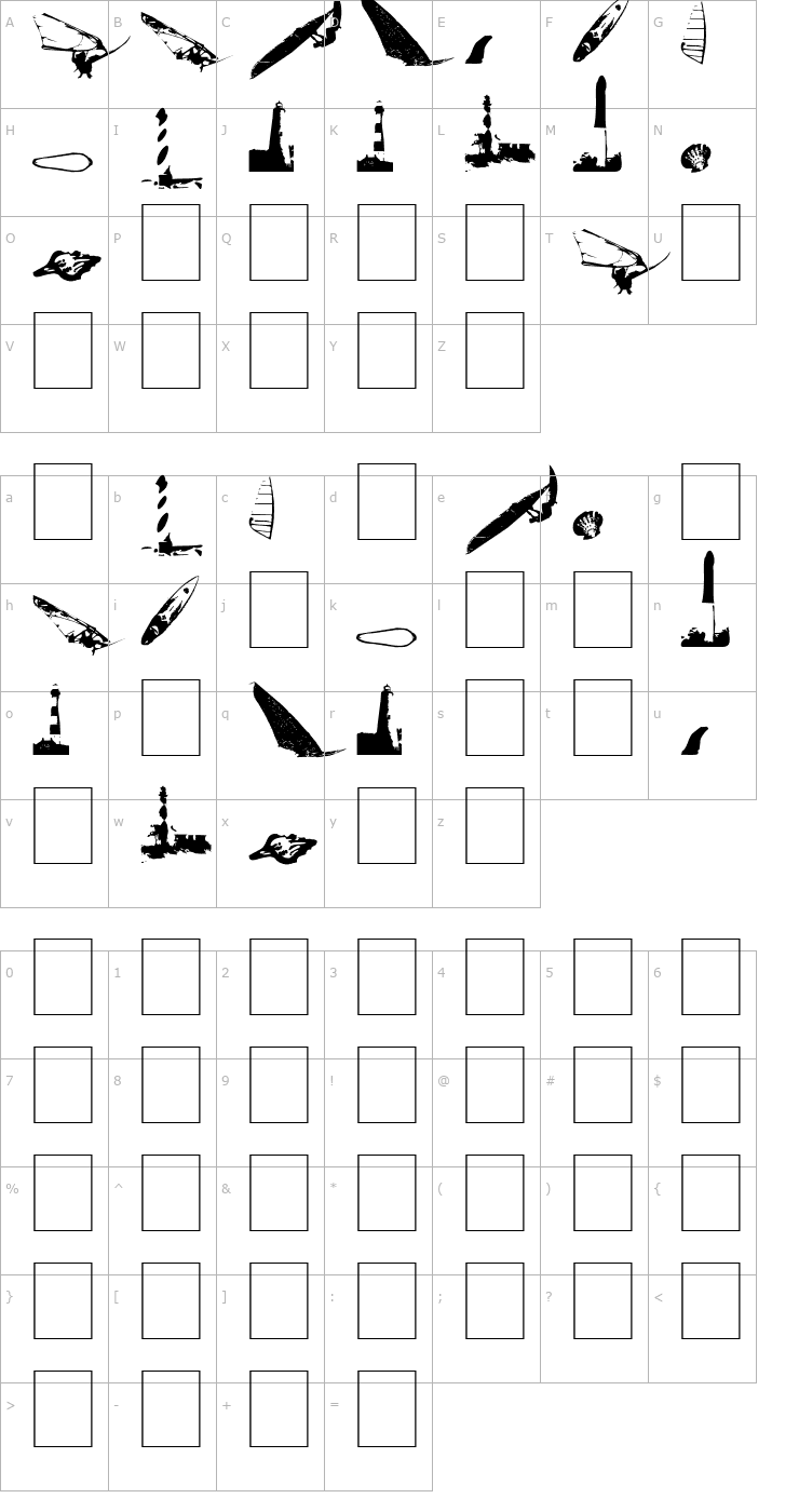 Character Map Surf Bat (Windsurfing Dingbats) Font