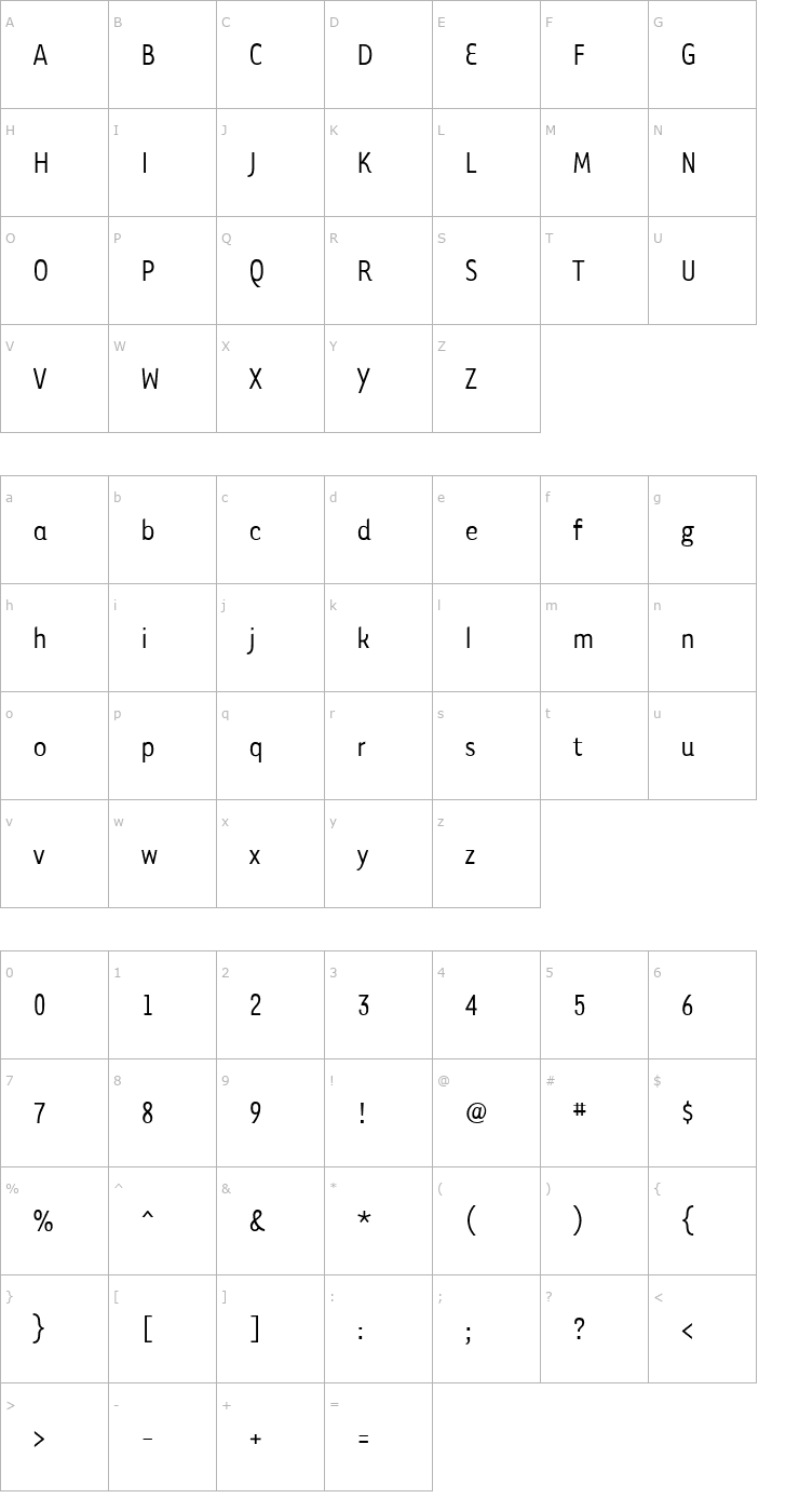 Character Map Tarzana Narrow Font