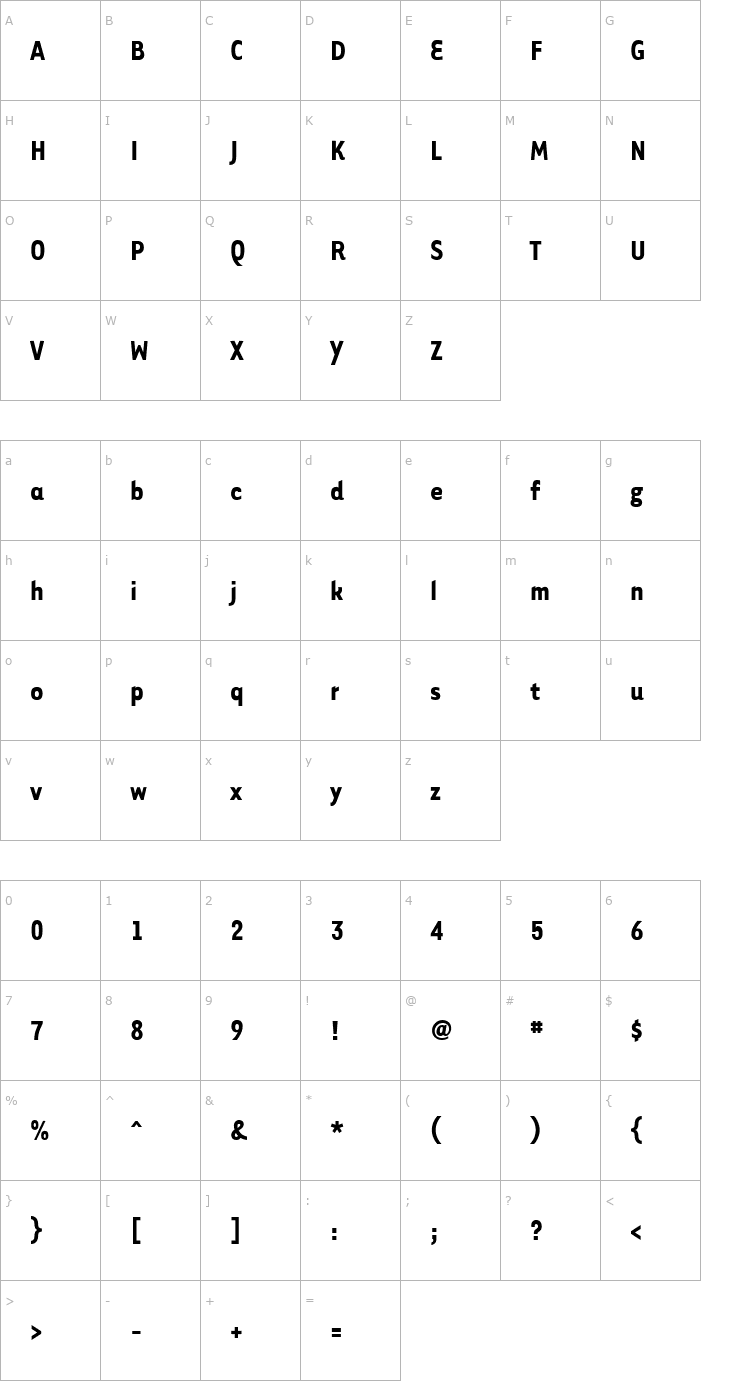 Character Map Tarzana Narrow Bold Font