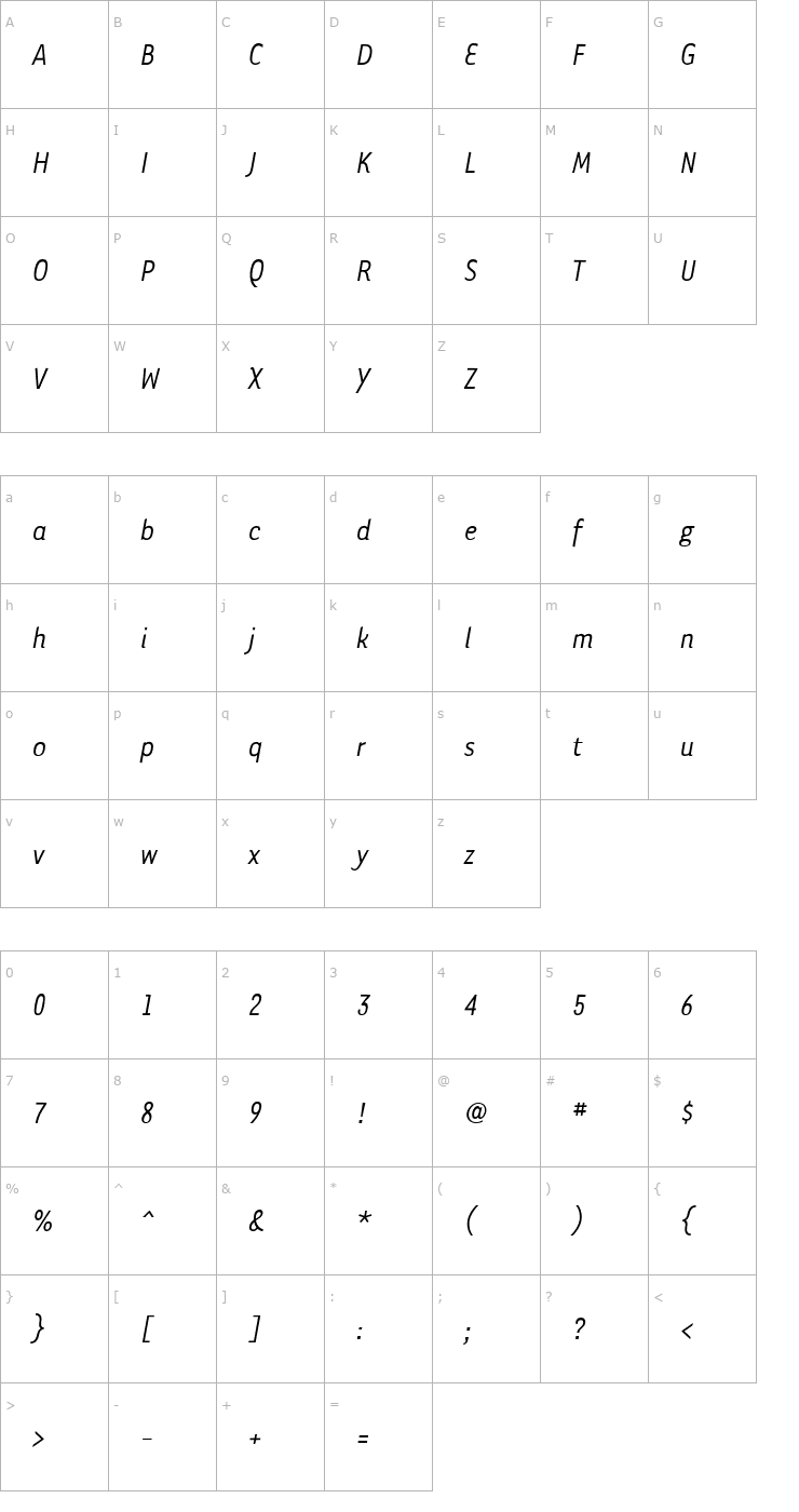 Character Map TarzanaNarrowItalic Font