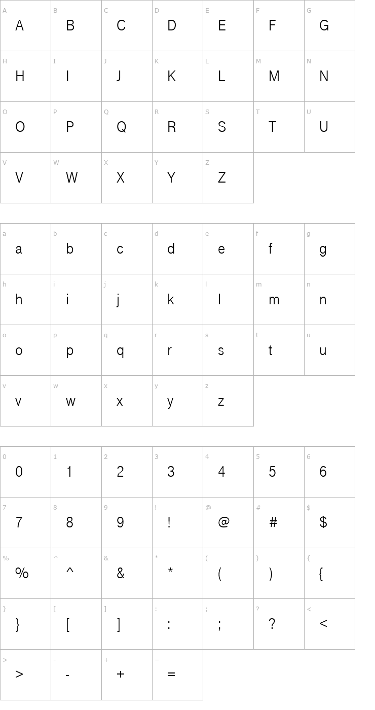 Character Map Tele-GroteskNor Font