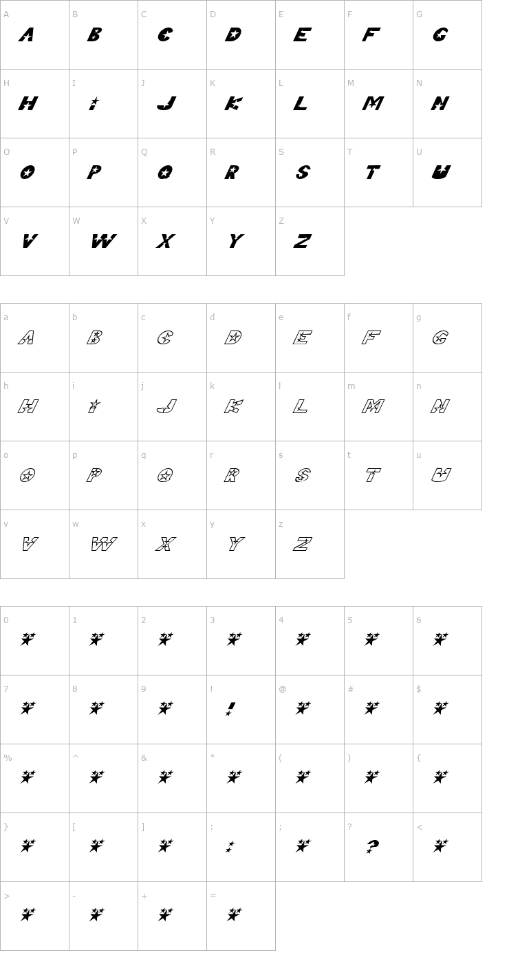 Character Map Telemarketing Superstar Italic Font