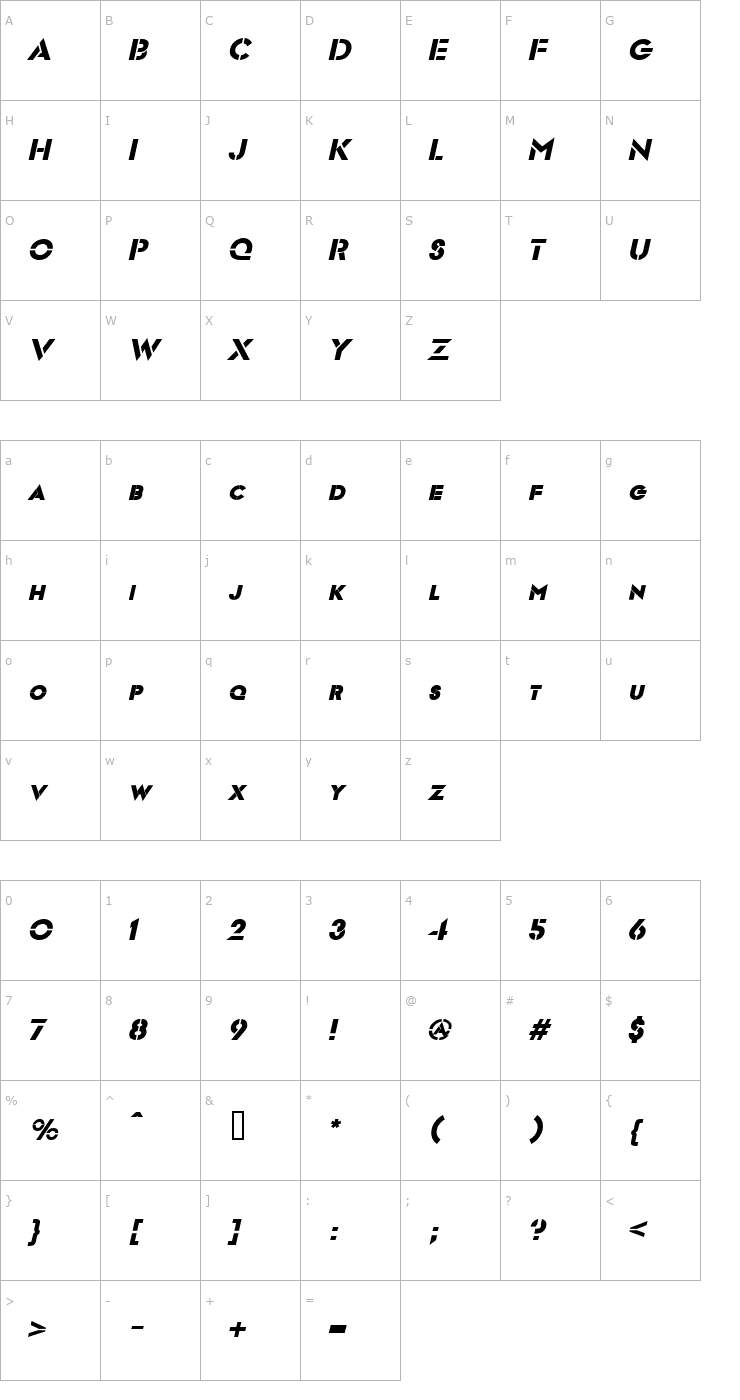 Character Map Templett BoldItalic Font