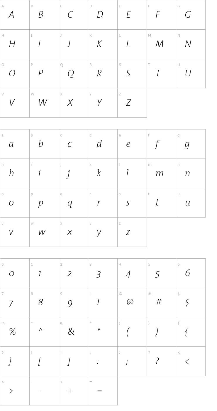 Character Map TheMix-ExtraLight Italic Font