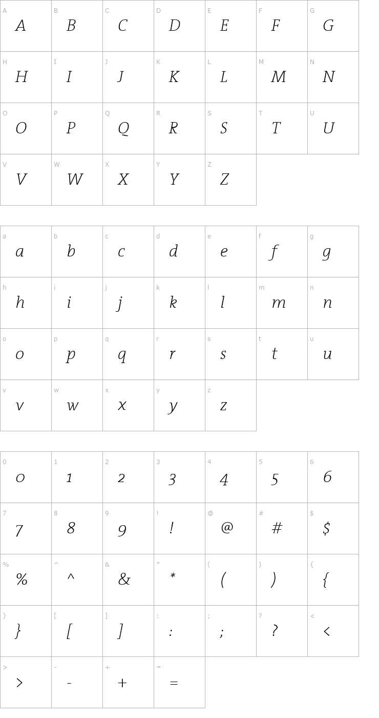 Character Map TheSerif ExtraLight Italic Font