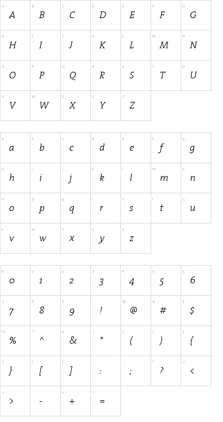 Character Map TheSerif Light Italic Font