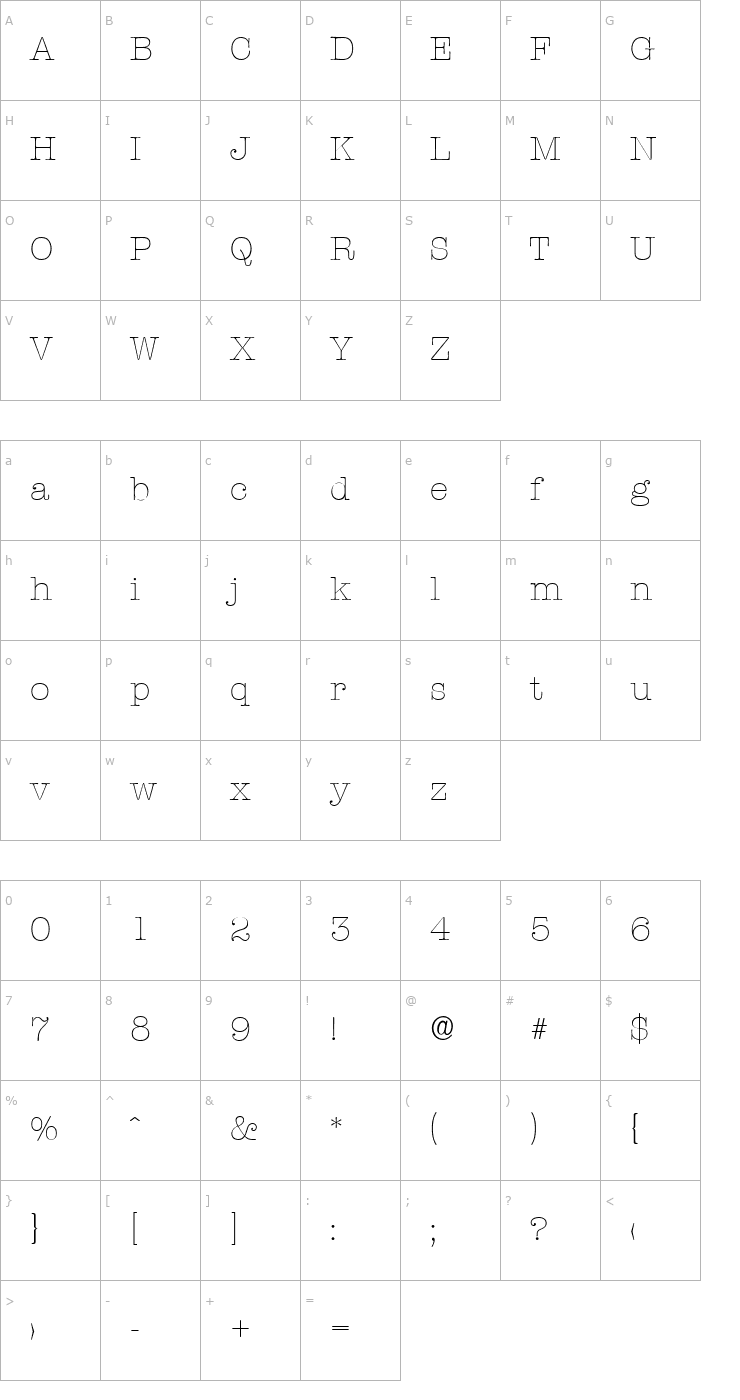 Character Map ThorBecker-ExtraLight Font