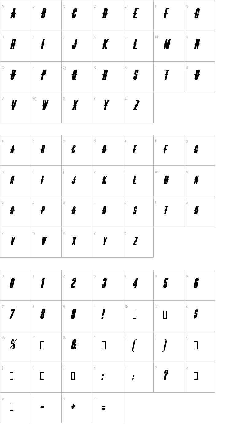 Character Map ThornsExtended Oblique Font