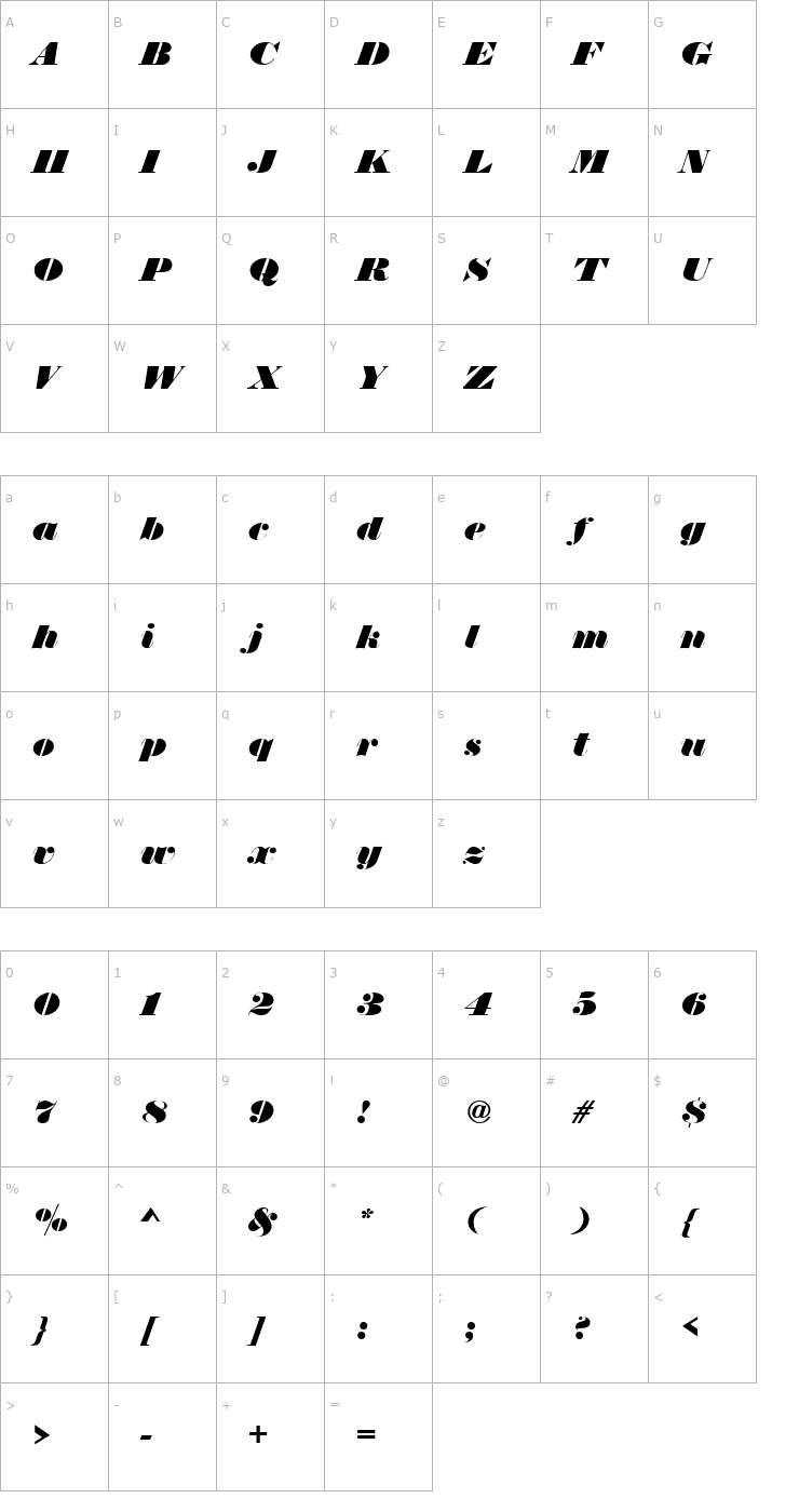 Character Map Thorowgood_Becker_Italic Font