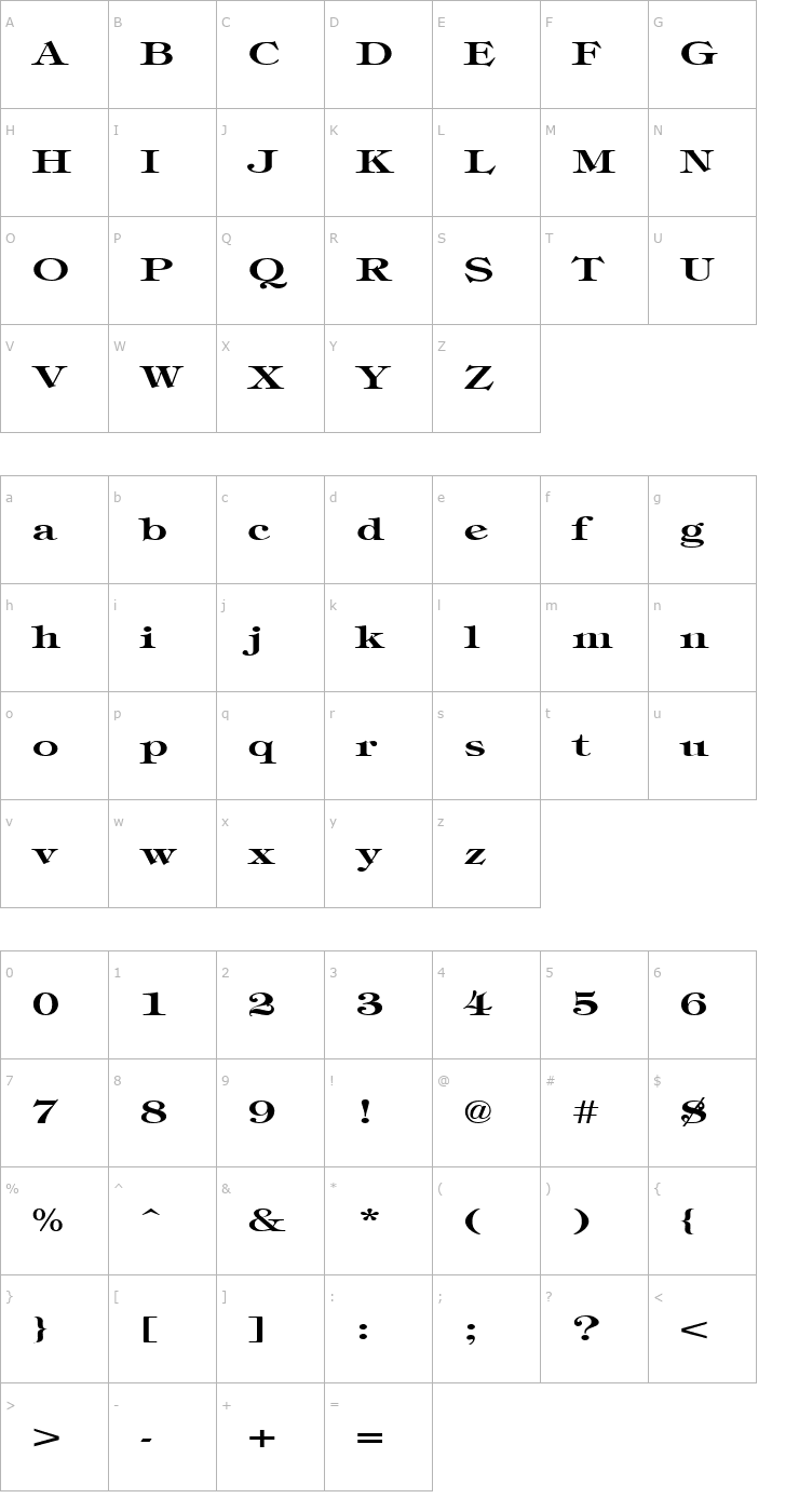 Character Map TimbrelBroad Bold Font