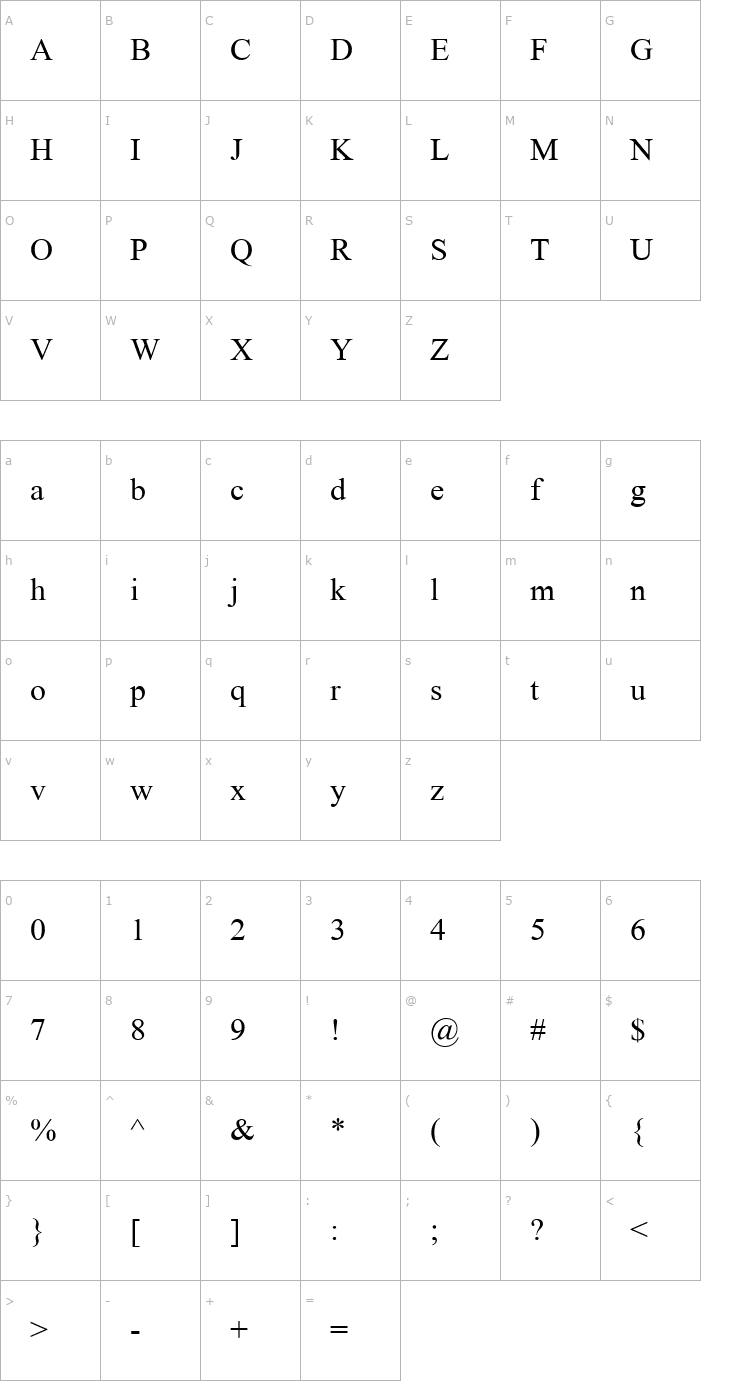 Character Map Times2 New Roman Regular Turkce Font