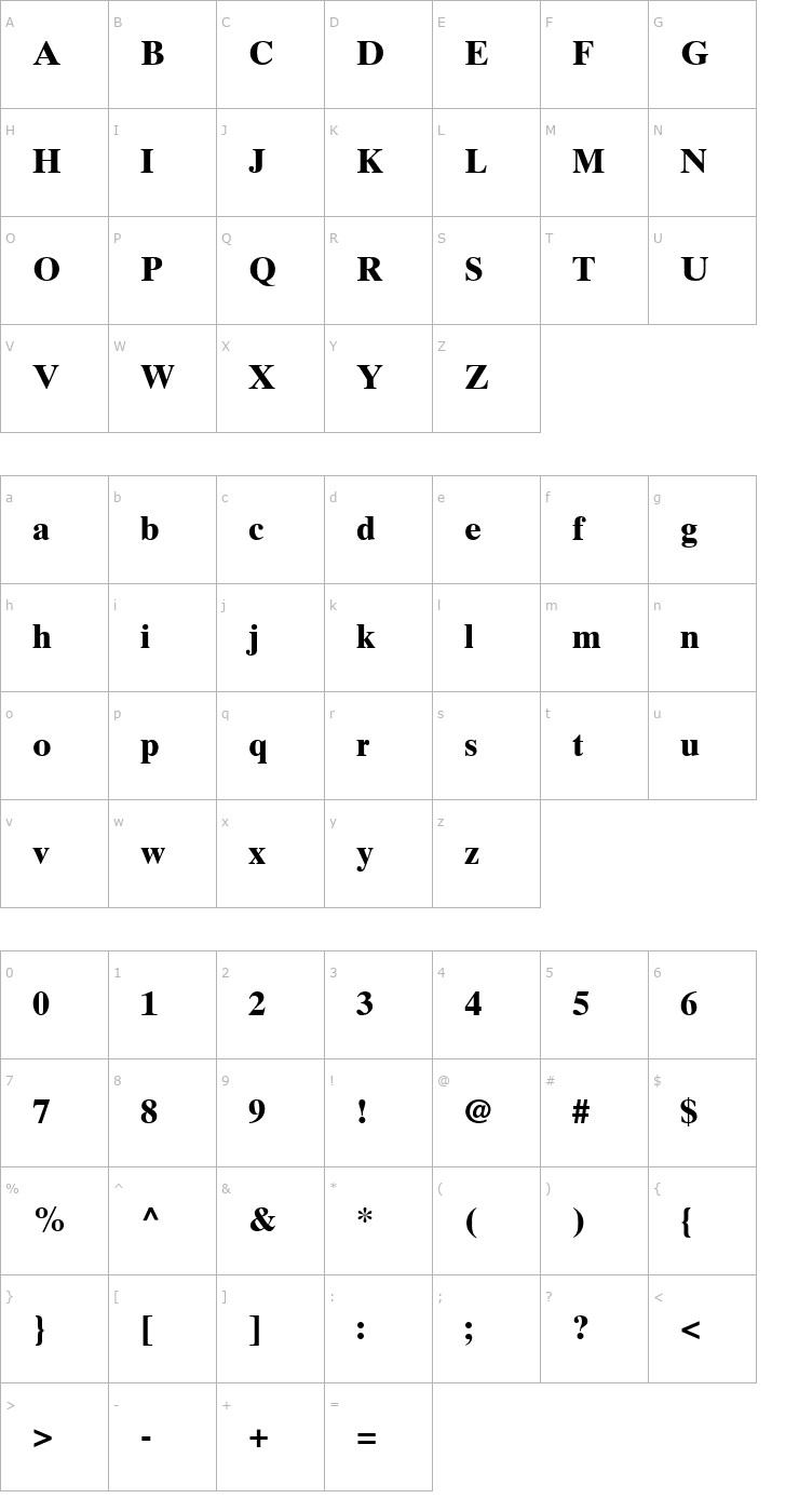 Character Map TimesTenCyrillic-Bold Font