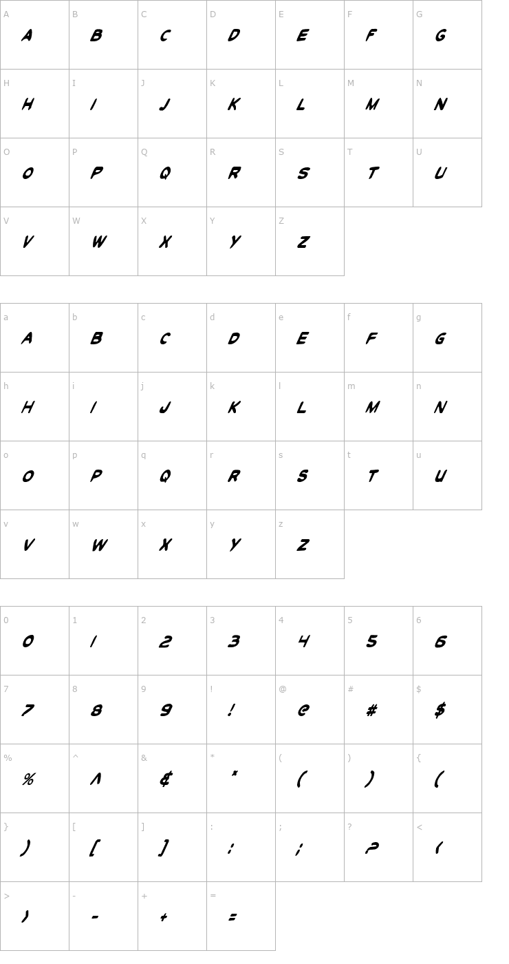 Character Map Toon Town Industrial Condensed Italic Font