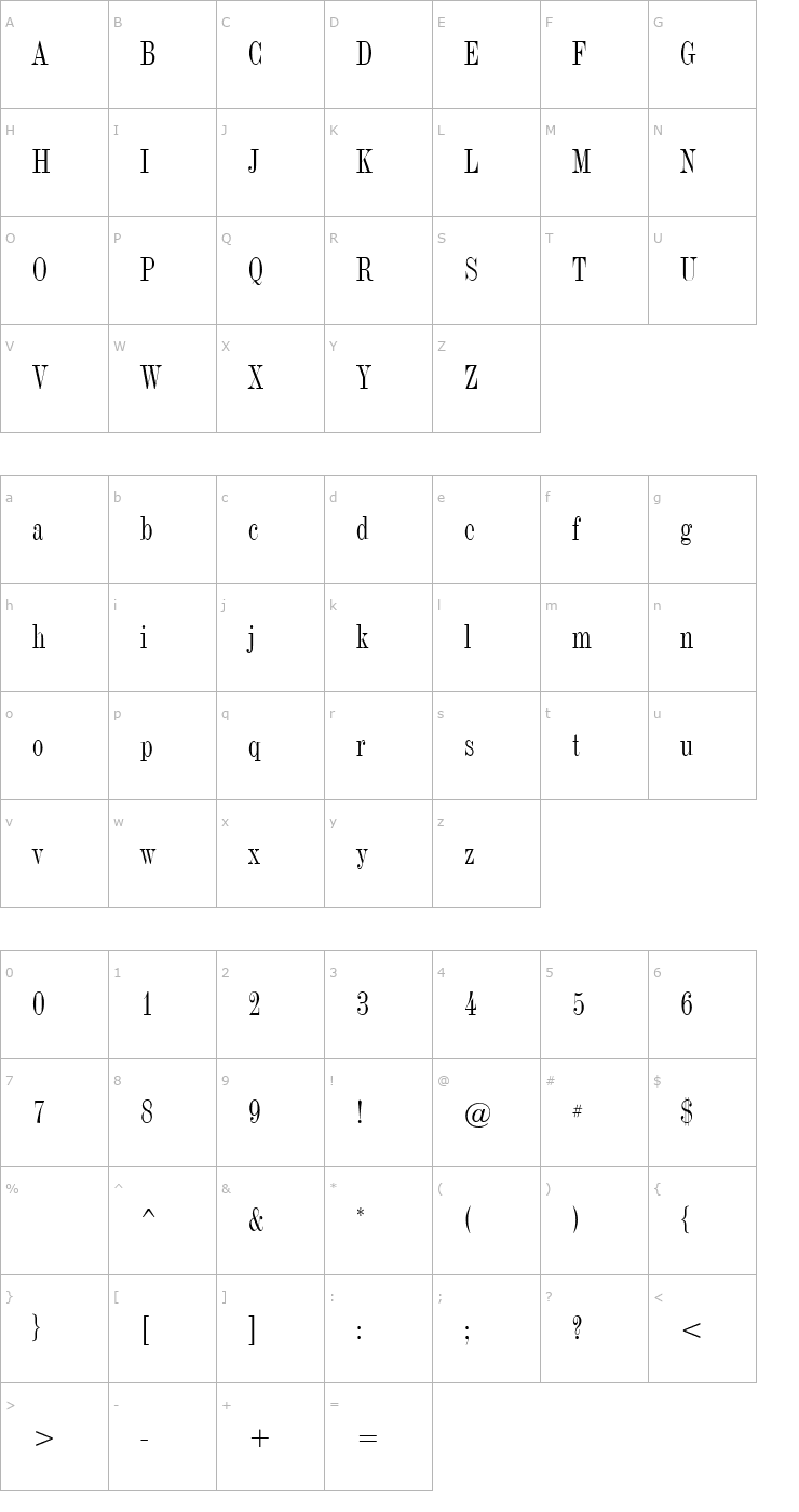 Character Map TorinoModern-Roman Font