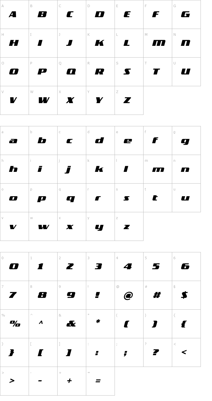 Character Map TradeMarker-FatItalic Font