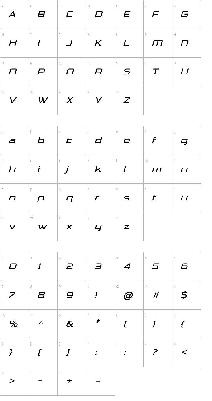 Character Map TradeMarker-LightItalic Font