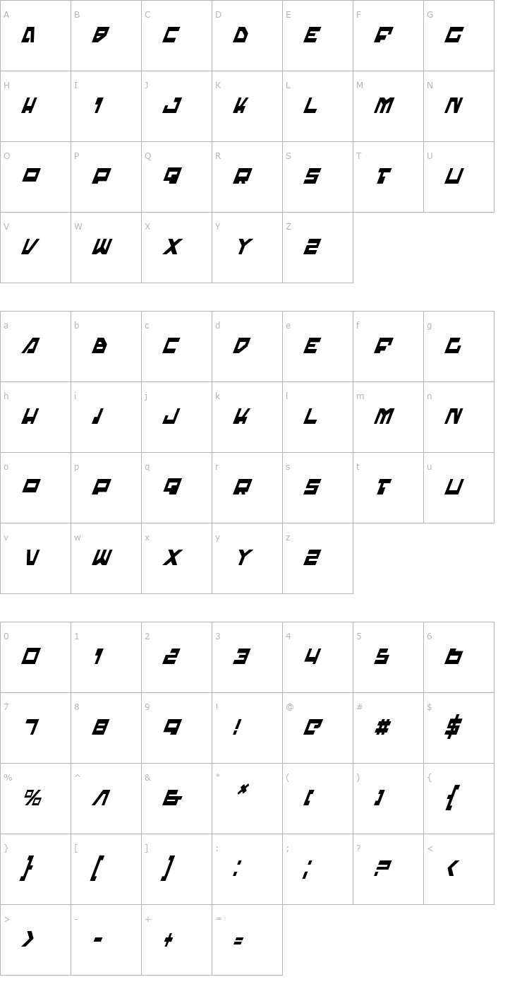 Character Map Trajia Condensed Italic Font