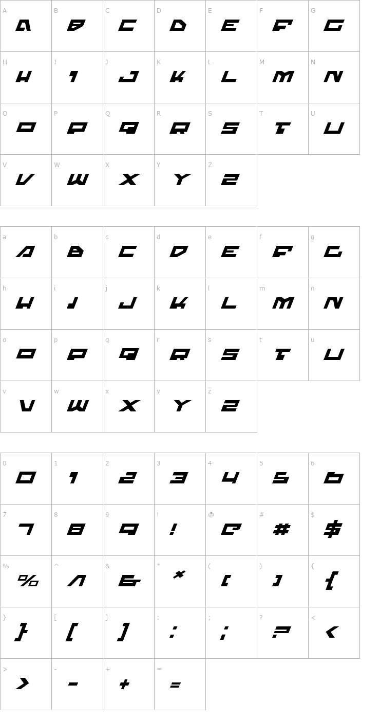 Character Map Trajia Expanded Italic Font