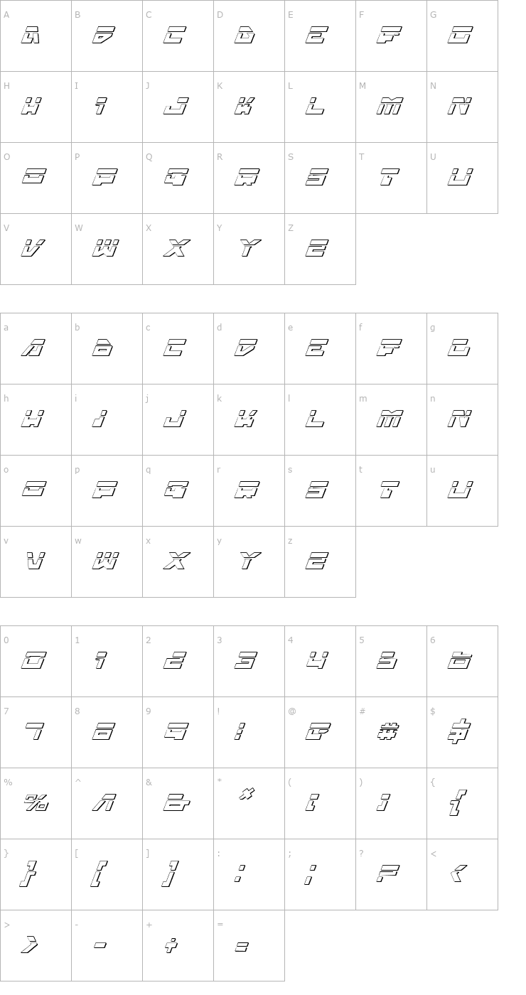 Character Map Trajia Laser 3D Italic Font