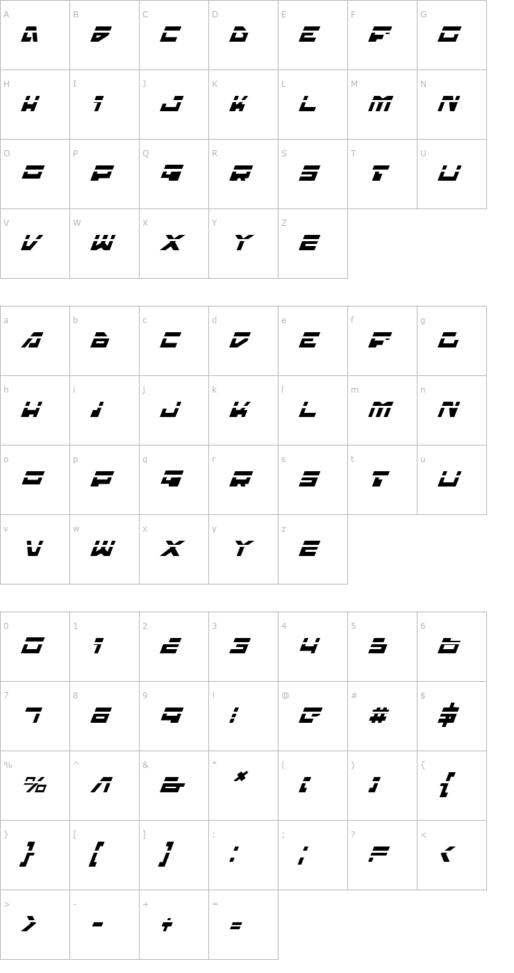 Character Map Trajia Laser Italic Font