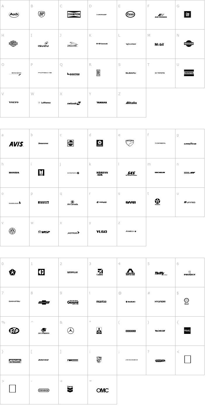 Character Map Transport Font