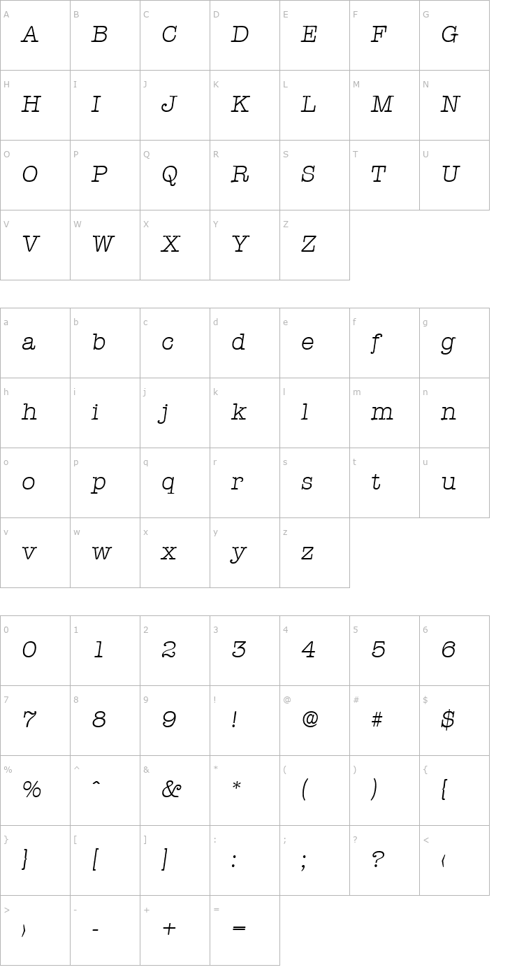 Character Map Typewriter-LightIta Font