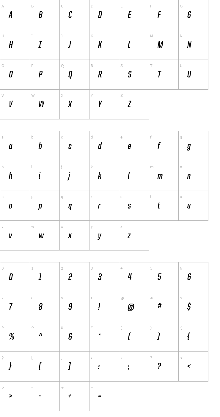 Character Map UnitedItalicCond-Bold Font