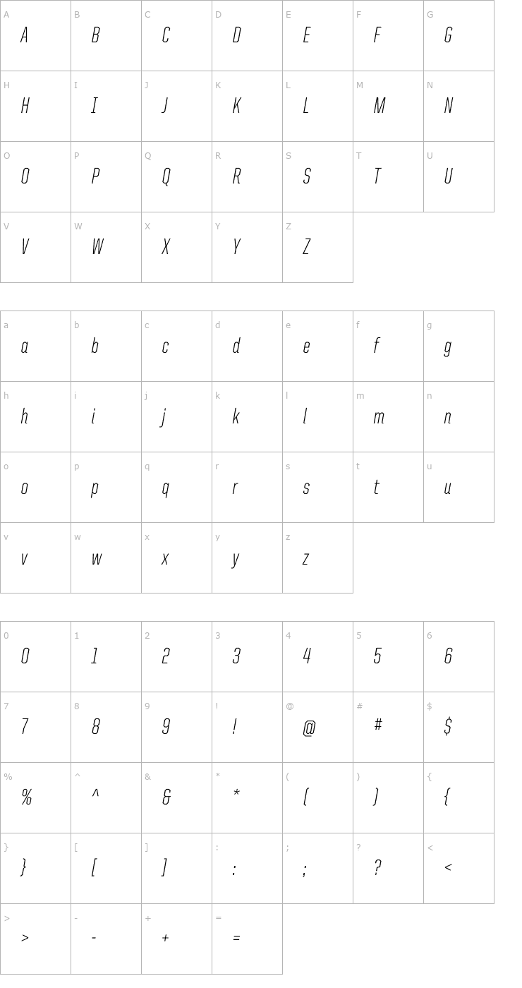 Character Map UnitedItalicCond-Light Font