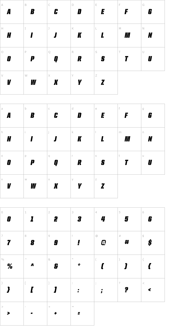 Character Map UnitedItalicCond-Stencil Font