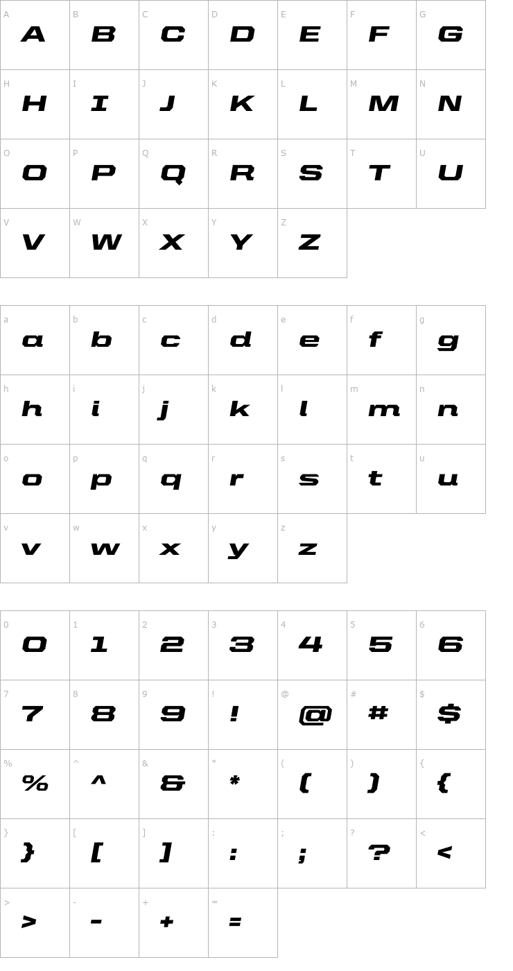 Character Map UnitedItalicExt-Black Font