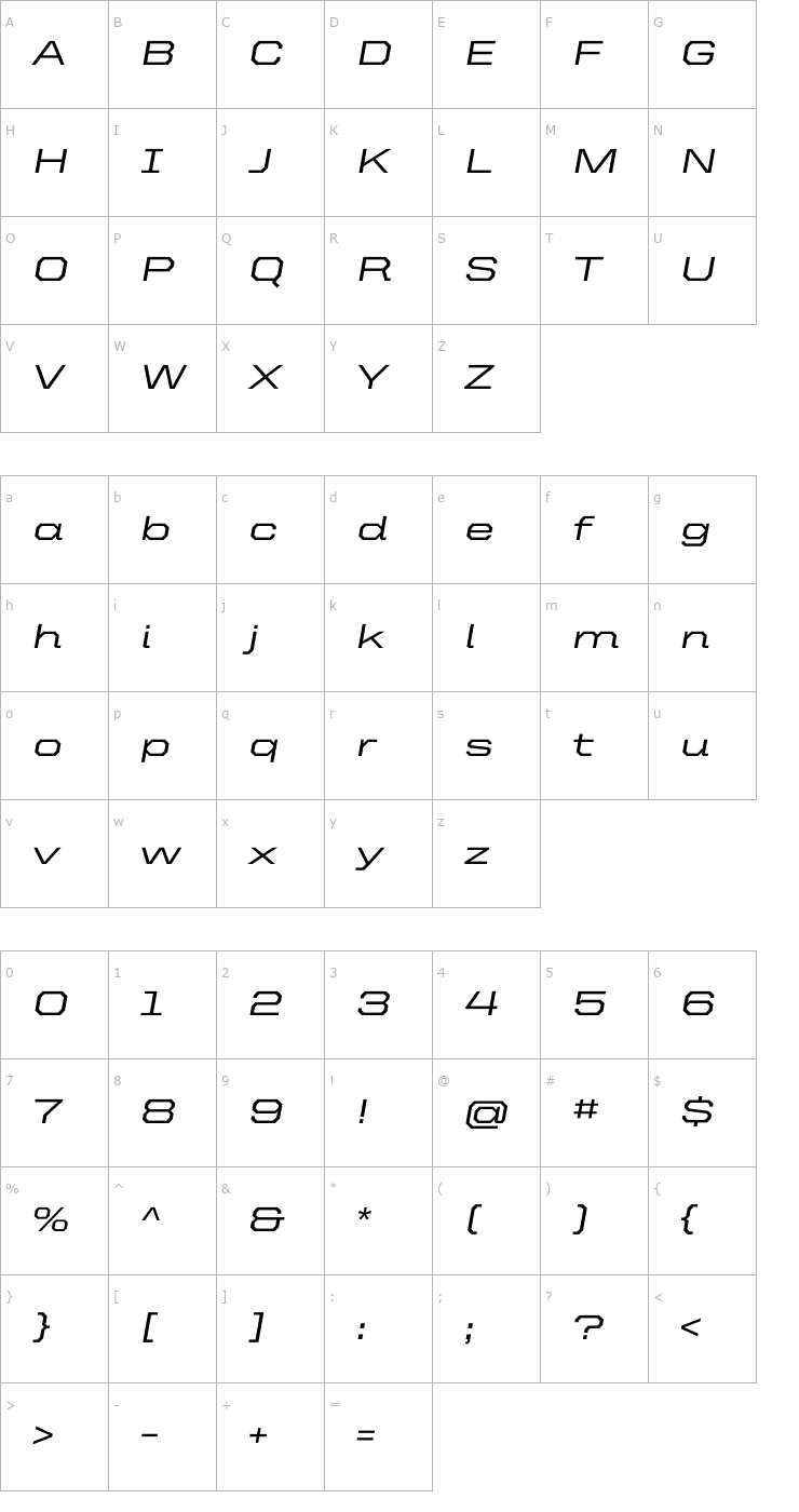 Character Map UnitedItalicExt-Medium Font