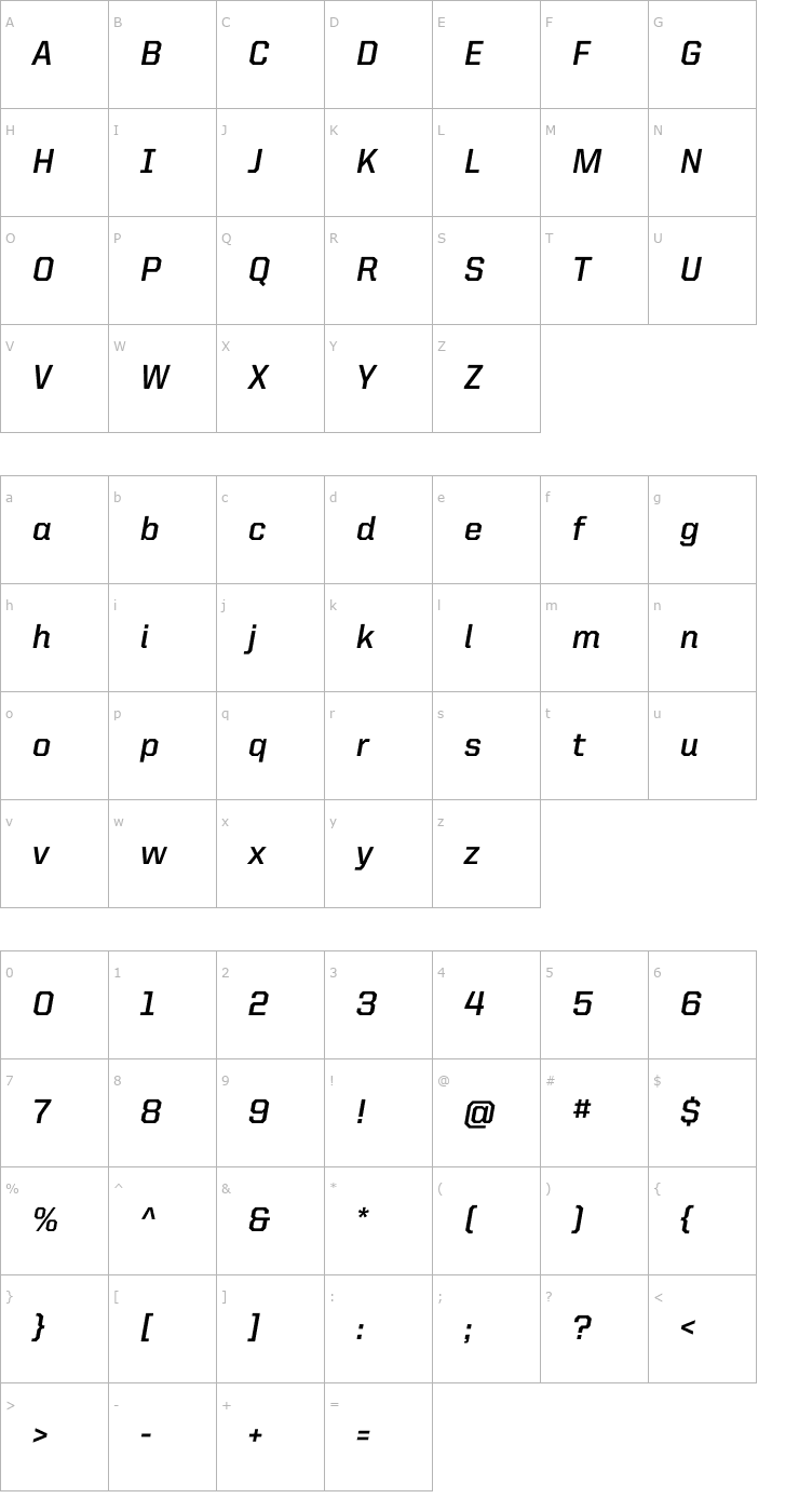 Character Map UnitedItalicReg-Bold Font