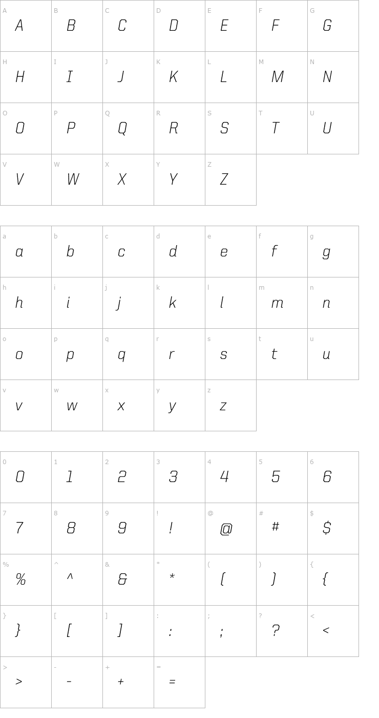 Character Map UnitedItalicReg-Light Font