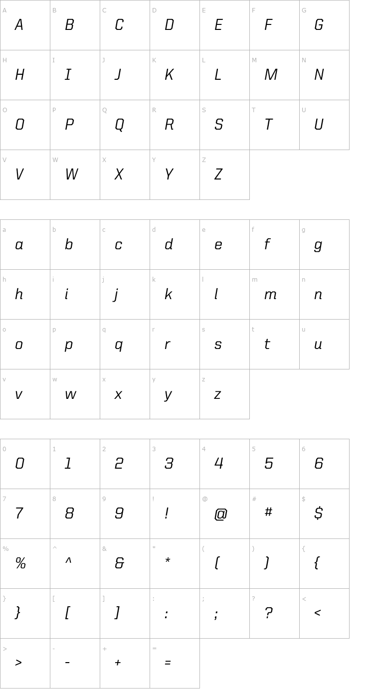 Character Map UnitedItalicReg-Medium Font