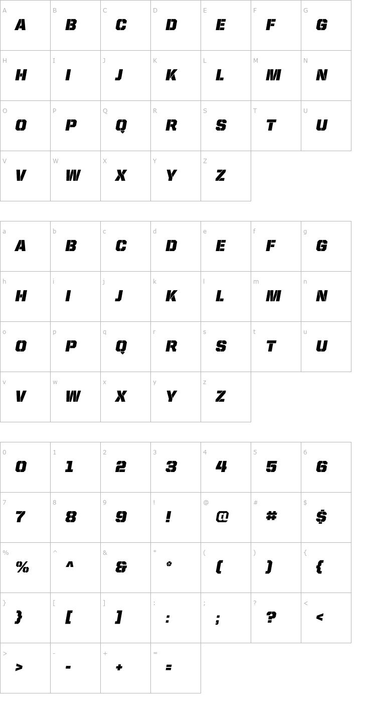 Character Map UnitedItalicReg-Stencil Font