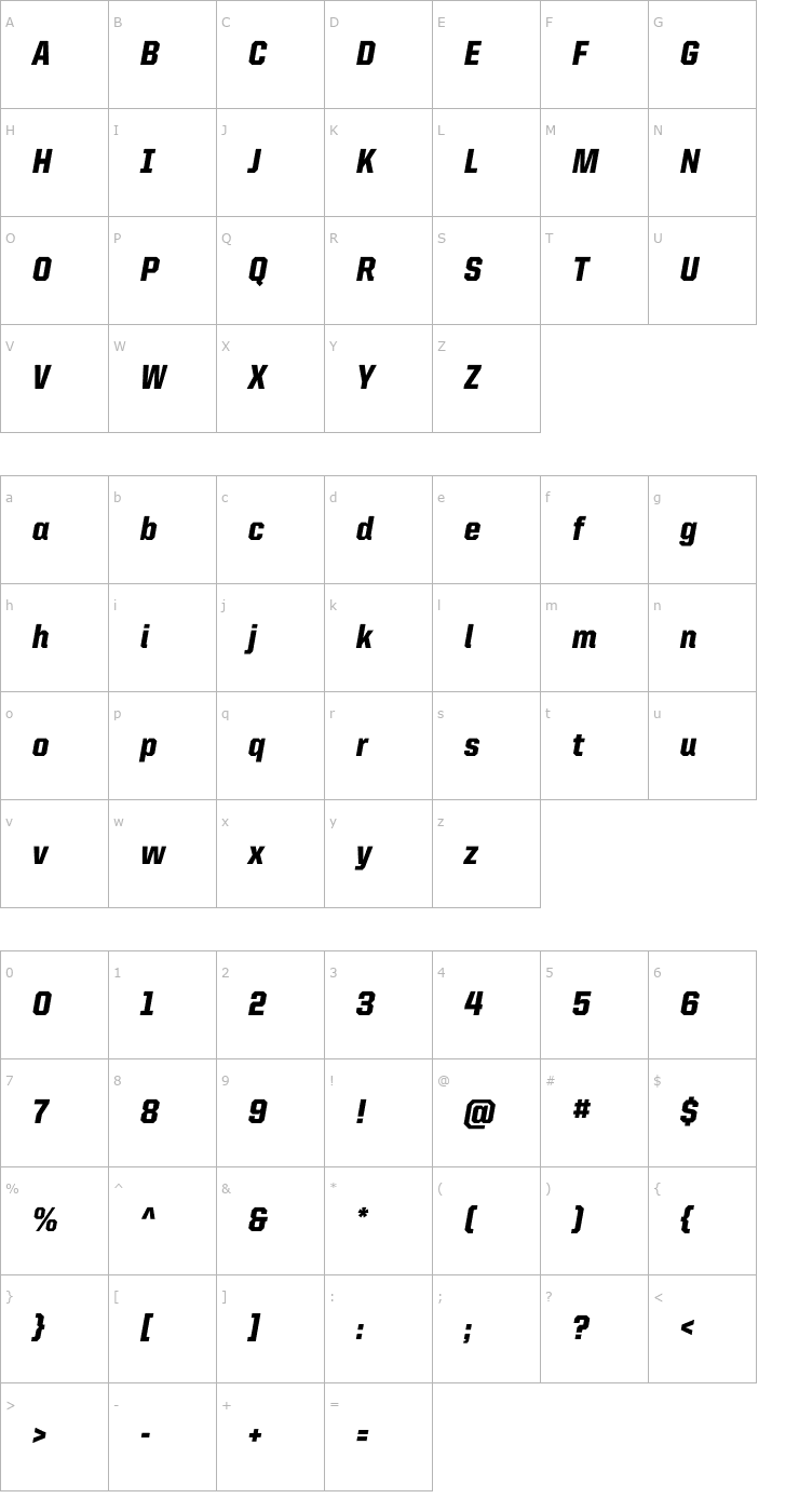 Character Map UnitedItalicSemiCond-Black Font