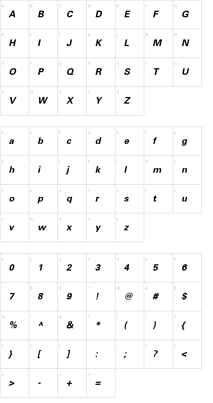 Character Map Univers 45 Light Bold Italic Font