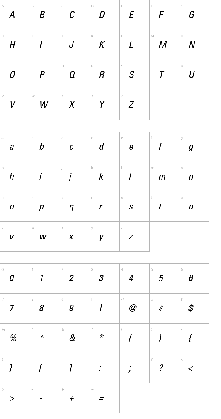 Character Map Univers 57 Condensed Italic Font