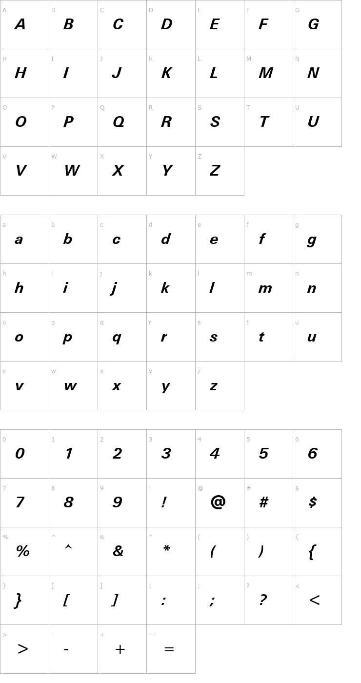 Character Map Univers ATT Bold Italic Font