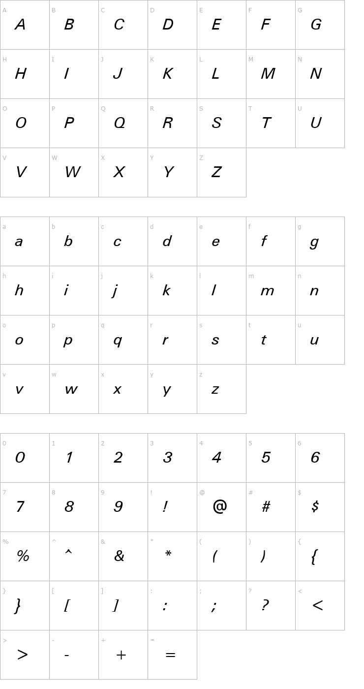 Character Map Univers ATT Italic Font