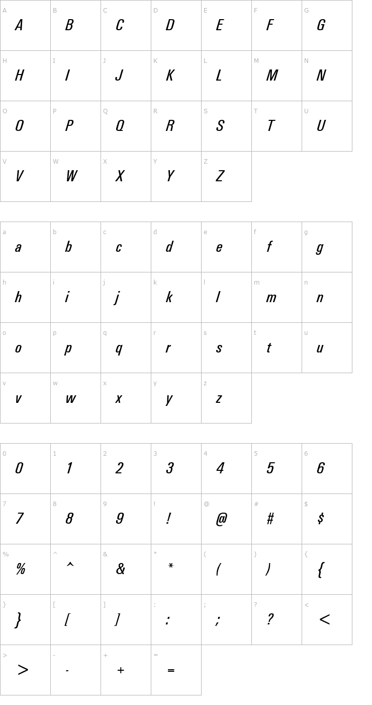 Character Map Univers Condensed Italic Font