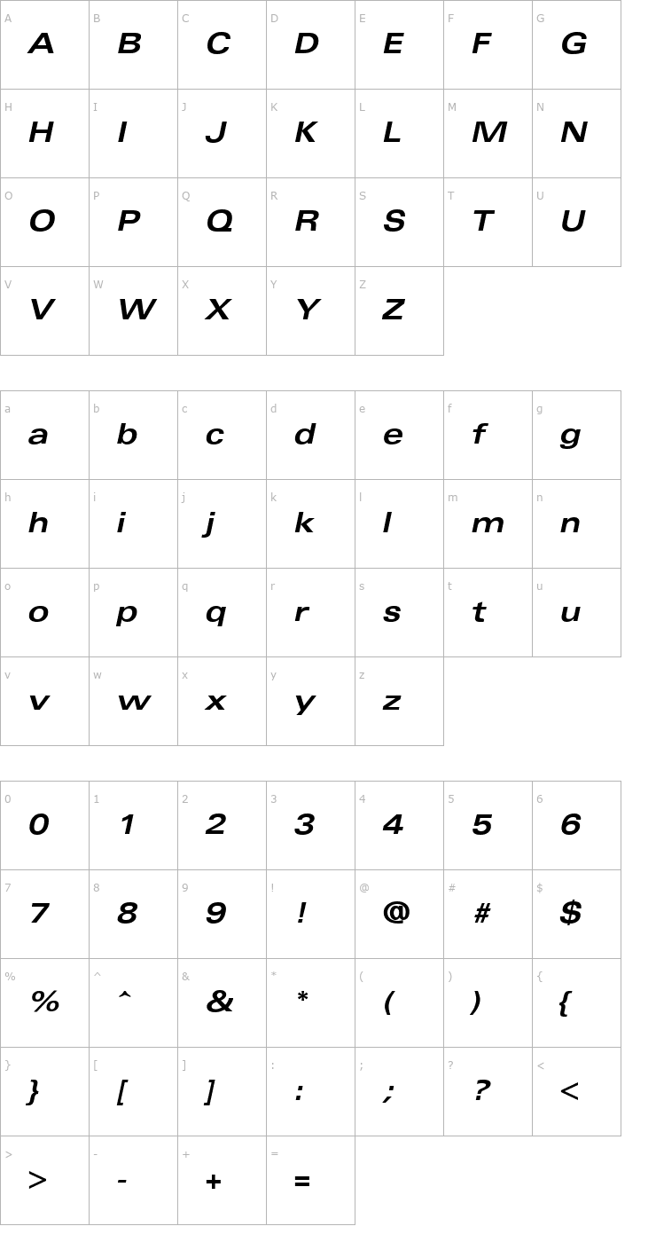 Character Map Univers Extended Bold Italic Font