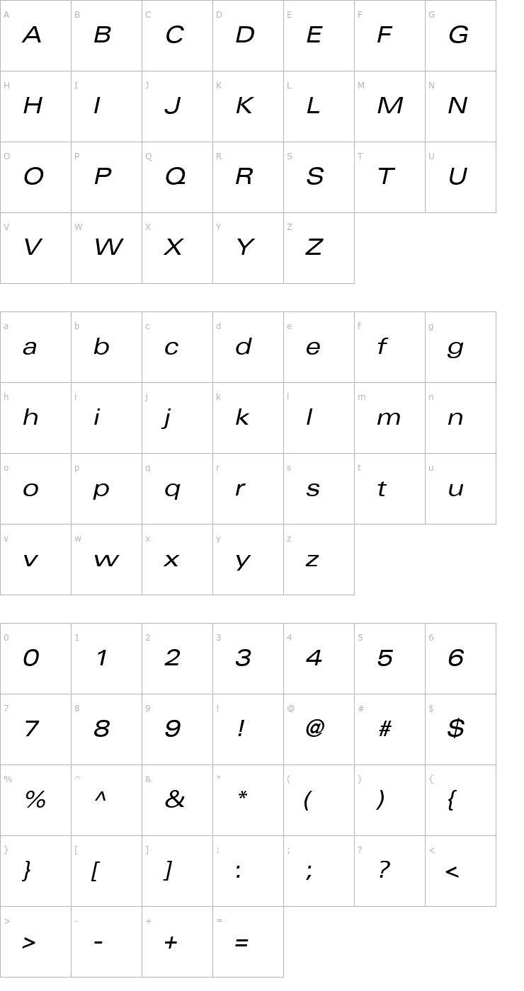 Character Map Univers Extended Oblique Font